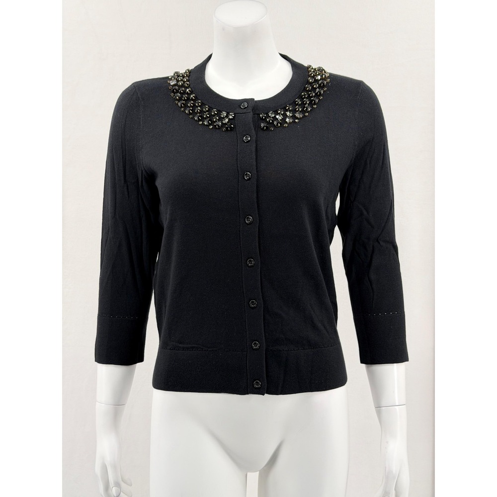 Kate Spade Sweater Womens Medium Black Kati Cardigan Jeweled Collar Knit Preppy